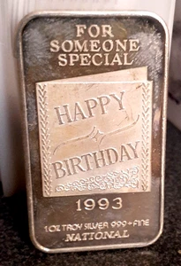 .999 1oz Silver Bar “Happy Birthday” 1993 National Art Bar for Someone Special - Picture 1 of 2