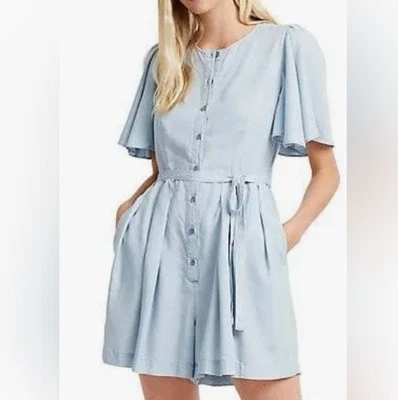 FRENCH CONNECTION Julienne Belted Romper Sz 8 Chambray Blue With Pockets Coastal - Image 1 of 4