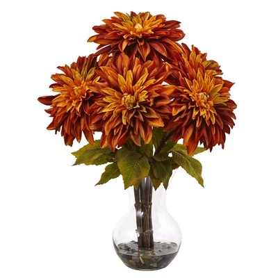 Nearly Natural Dahlia Silk Arrangement with Glass Vase - Image 1 of 3
