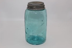 VINTAGE BALL MASON BLAU GLAS QUART EINMACHGLAS MIT DECKEL - Bild 1 von 7