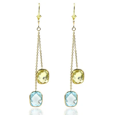 14K Yellow Gold Dangle Earrings With Lemon And Blue Topaz Gemstones - Image 1 of 3