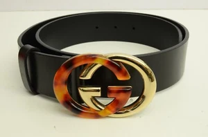 Authentic Gucci Double G Buckle Belt Logo Tortoise GP Black Leather Accessory - Picture 1 of 10