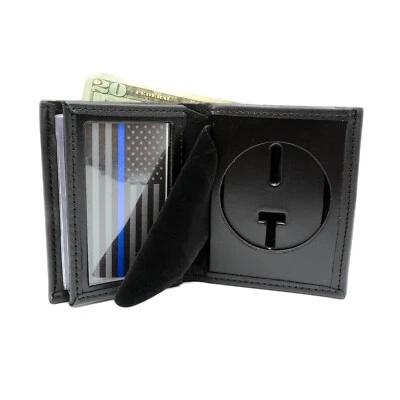 Perfect Fit 2.5" Round Cutout Badge Wallet Police Black Leather Bifold USA Made - Image 1 of 4