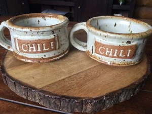 Rustic Handmade Pottery Chili Bowls Cabin Farmhouse set of 2 With Handles - Picture 1 of 5
