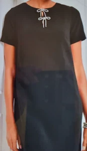 TALBOTS REMOVABLE FRONT BOWS A-LINE DRESS-16 PETITE-BLACK-SHORT SLEEVES-**NEW** - Picture 1 of 24