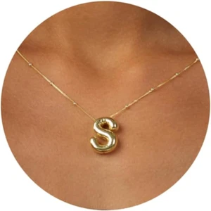 Gold Bubble Letter Necklace for Women, 14K Gold Plated Balloon Initial Letter Pe - Picture 1 of 6