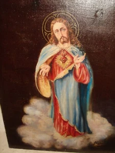 Antique oil painting - Religious theme, { Christ in the clouds, is signed } - Picture 1 of 22