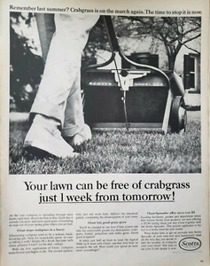 Lote de 2 anuncios impresos de semillas Scotts 1961 vintage arte de pared efímero decoración hierba cangrejo - Imagen 1 de 2