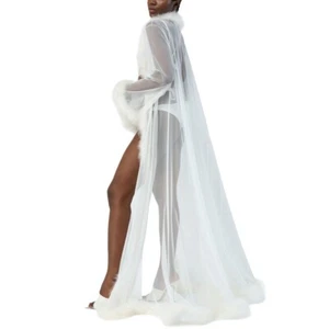 Kikiriki FeatherTrimmed Sheer Mesh Wide Sleeve Long Robe Size Small Off White NW - Picture 1 of 8