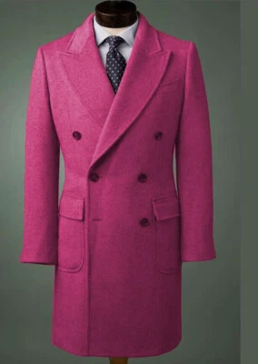 Men's Wool Overcoat Wide Peak Lapel Double Breasted Business Long Coat Warm Wear - Image 1 of 4