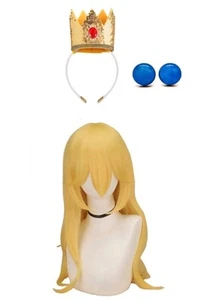 Women's Princess Peach Blonde Long Cosplay Wig Gold Hair With Accessories 132 - Picture 1 of 2