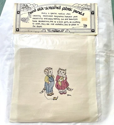 Vntg Hand Silk-Screened Panel 109 Nina Shaffer Two Kittens Holding A Mouse - Image 1 of 4