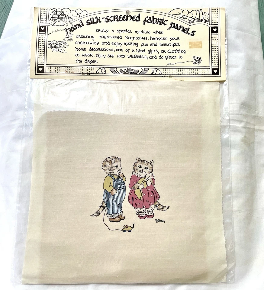 Vntg Hand Silk-Screened Panel 109 Nina Shaffer Two Kittens Holding A Mouse - Image 1 of 4