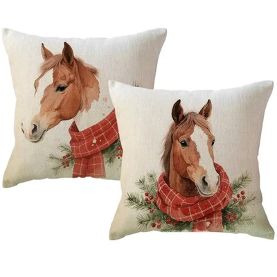 Paquete de 2 fundas de almohada de Navidad para caballos con bufanda roja cojín de bayas de acebo... Foto 1 de 4