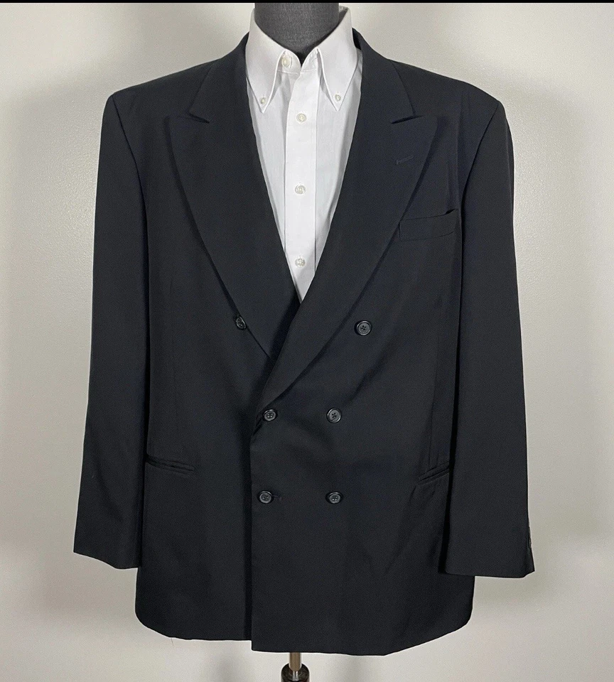 City Streets Blazer 夹克男式 44R 黑色纯色涤纶双排扣峰 — 第 1/4 张图片