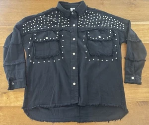 Women's Elan Studded Black Jacket Size Medium NWOT New Jean Fringe 100% Cotton - Picture 1 of 12