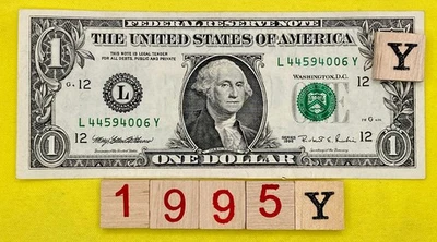 OLD VINTAGE Y Note 1995 L 4459006 Y 0s 4s Fancy Serial Number One Dollar Bill FW - Image 1 of 4