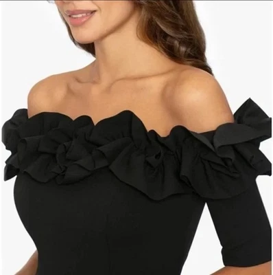 Xscape Black Ruched Ruffle Scuba Crepe Jumpsuit | Size 12 | Retail 248 - Image 1 of 3