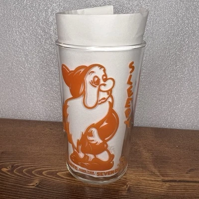 Sleepy Orange Glass Tumbler Snow White & Seven Dwarfs Disney Vintage 1938 Promo - Image 1 of 4