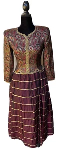 Vintage Joan Leslie Dress 4 Evening Holiday Party Burgundy Gold Brocade Paisley - Picture 1 of 12