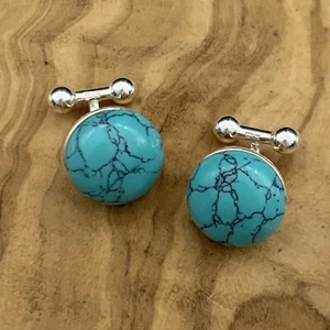 New Handmade Cufflinks Blue Turquoise Cabochon Gemstone Sterling Silver 925 - Bild 1 von 5