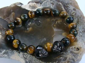 GEMSTONE BRACELET CRYSTAL SKULLS TIGER EYE BEADS - Picture 1 of 4