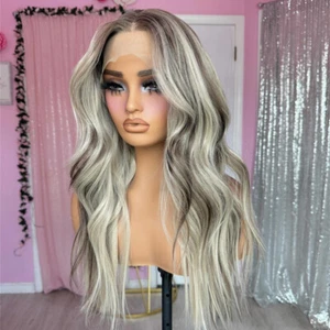 Ashy Grey Blonde Highlights Women Natural Human Hair Wig 13x4 Lace Frontal Wigs - Picture 1 of 7