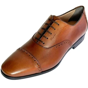 NEW Ferragamo RILEY Leather 8.5 E Cap Toe Gancini Oxford Men's Brown Dress Shoes - Picture 1 of 8