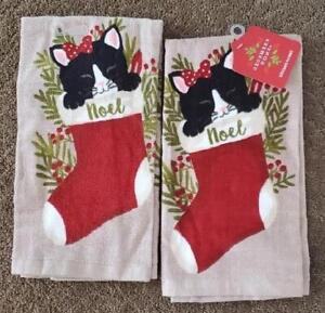 Set 2 December Home Christmas Black Kitty Cat Kitchen Hand Towels stocking NWT