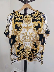 Authentic Versace Black Gold Barocco Silk Shirt Women Short Sleeve Size 52 /Used - Picture 1 of 20