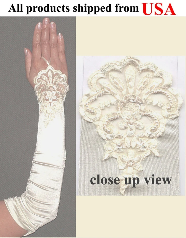 Guantes de satén disfraz de Halloween de encaje y cuentas marfil sin dedos de 18" de alta calidad Foto 1 de 1