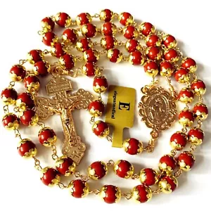 collana rosario cattolico perle agata rossa elegantemedica croce crocifisso religione... - Foto 1 di 8