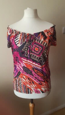 BHS Women's Short Sleeve Multicoloured Top Size 14 Petite Off Shoulder - Image 1 of 4