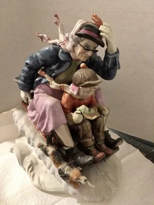 Large Capodimonte Figure Of Sledding Grandmother - Picture 1 of 11