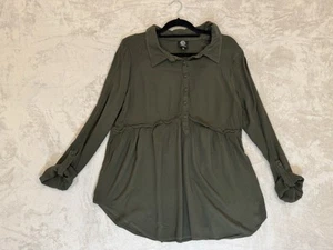 Bobeau Shirt Boho L Hippie Peasant Tunic 1/2 Button Green High Waist Elastic - Picture 1 of 7