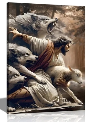 Jesus and Lamb Canvas Wall Art Jesus Saves the Lost Lamb Wall Decor Picture S - Image 1 of 4