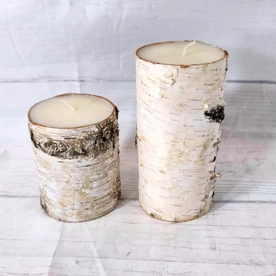 Juego de 2 velas de corteza de abedul de pilar decoración de bosque rústico sin perfume Foto 1 de 4