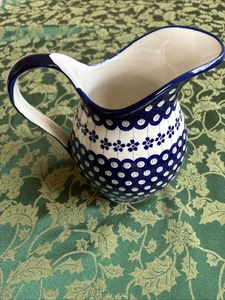 Boleslawiec Polish Pottery Flowering Peacock Pitcher 8.25" H Blue Flowers ~ NWT! - Picture 1 of 17