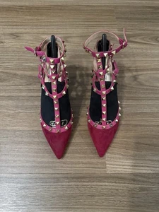 Valentino Pink Suede Rockstud Ankle Strap Pumps Size EU38 US8 - Picture 1 of 7