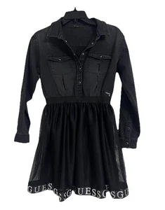 Guess Junior Stretch Black Gray Denim Snap Front Dress 12 Mesh Skirt Distressed - Picture 1 of 24
