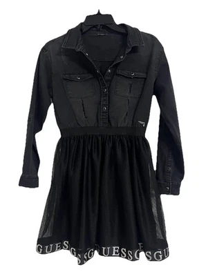 Guess Junior Stretch Black Gray Denim Snap Front Dress 12 Mesh Skirt Distressed - Image 1 of 4