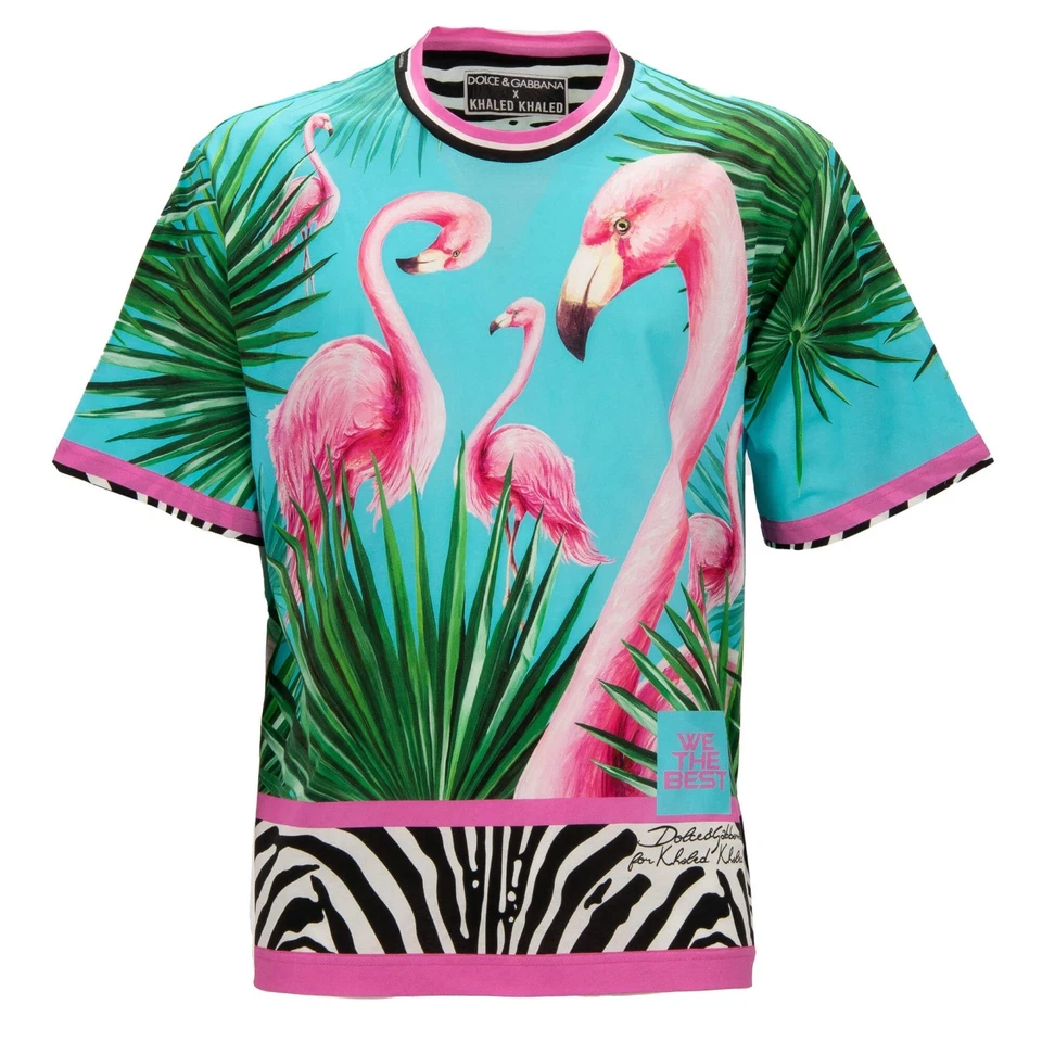 DOLCE & GABBANA x DJ KHALED Oversize T-Shirt with Flamingo Print Pink Blue 11358 - Image 1 of 4