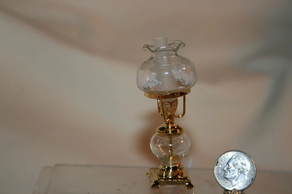 Miniature Dollhouse Electric Hurricane Table Lamp w Faux Etched Shade 1:12 - Image 1 of 4