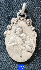 Art Nouveau Belle Méd. Argentée 28x17mm- St Jiseph & Marie - Sacré Cœur De Jésus - Picture 1 of 2