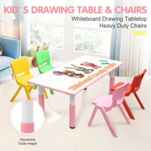 Kids Children 120x60cm Pink Adjustable Drawing Whiteboard Table & 4 Mixed Chairs - Picture 1 of 9