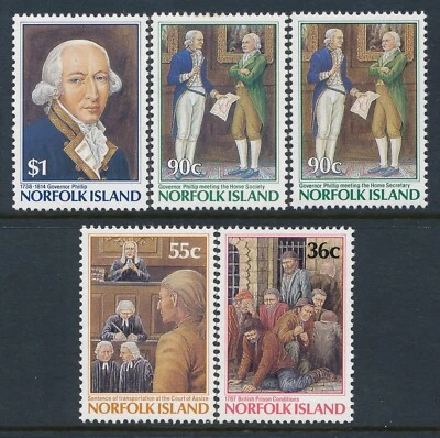 1986 NORFOLK ISLAND BICENTENARY: GOVERNADOR PHILLIP CONJUNTO DE 5 EM PERFEITO ESTADO, SEM MARCA DE CHARNEIRA - Imagem 1 de 2