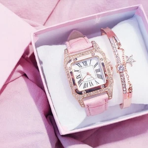 New Fashion women Diamond Starry Square Dial Bracelet Set Leather Band Watches - Picture 1 of 11