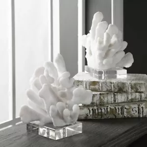 MODERN ART COASTAL BEACH SCULPTED FAUX CORAL BOOKENDS UTTERMOST CRYSTAL BASE - Picture 1 of 4