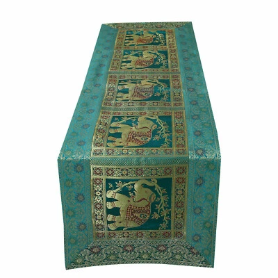 Silk Brocade Table Runner Elephant Wedding Decorative Wall Hanging Hunter Green - Image 1 of 4