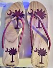 Woodies : Tropical : beaded/sequinned Sandals size 10 : Red Trimmed : Wood Heels